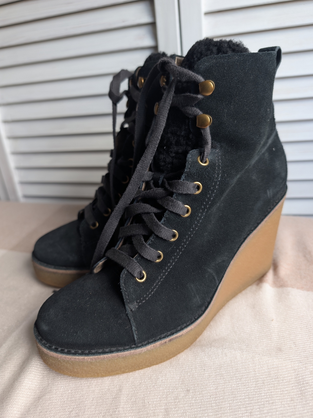 UGG Women's Black Suede Wedge Ankle Boots with Lace-Up Front